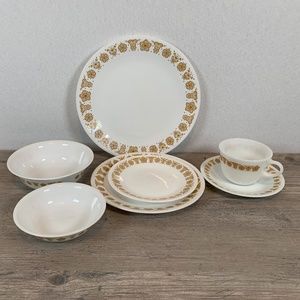 Corelle Golden Butterfly 7 piece dinnerware set. Plates, Bowls cup and saucer